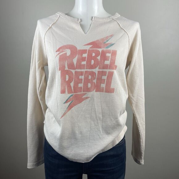 David Bowie Rebel Rebel Lucky Brand Henley Cozy Longsleeve Graphic Retro Tee - Picture 1 of 8